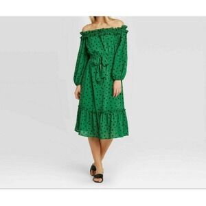 Who What‎ Wear Medium Off Shoulder Midi Dress Green Polka-Dot Ruffled Tie-Waist